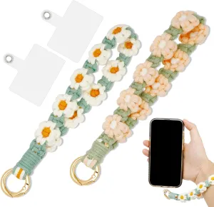 2 Pack Boho Macrame Keychain Floral Wristlet Keychain Weave Exquisite Keyring Holder Bracelet Handmade Wrist Lanyard for Women Girls (Pink Flowers   White Flowers)