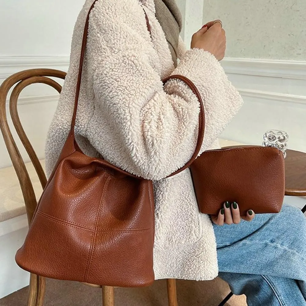 2 Pcs Slouchy PU Leather Hobo Bags Women Trendy Shoulder Bag Crescent Crossbody Purse Cute Top-handle Satchels Tote Handbag