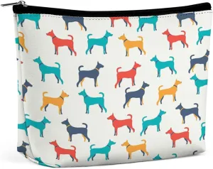 2024 Dog Print,PU Leather Travel Makeup Bag,Colorful Illustration of Pet in Retro,Large Capacity Cosmetic Bags for Women,Waterproof Portable Pouch Toiletry Bag Make up Organizer,Beige