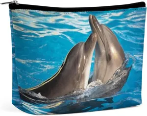 2024 Dolphins,Cosmetic Bags for Women,Pair of Dolphins Dancing in Water,Makeup Bag for Purse PU Leather Makeup Pouch Travel Makeup Bag with Zipper Make Up Bag for Travelling,Blue, Blue_28