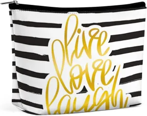 2024 Live Love Laugh,PU Leather Makeup Bags for Women's,Hand Drawn Stripes and Calligraphic,Travel Toiletry Bags,Mom's Birthday Sister Gifts,Makeup Pouch Perfect Gifts,Black White Gold