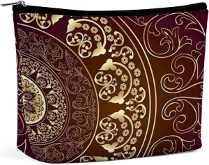 2024 Swirl Floral,Cosmetic Bags for Women,Swirled Floral Leaves Art,Makeup Bag for Purse PU Leather Makeup Pouch Travel Makeup Bag with Zipper Make Up Bag for Travelling,Brown Golden