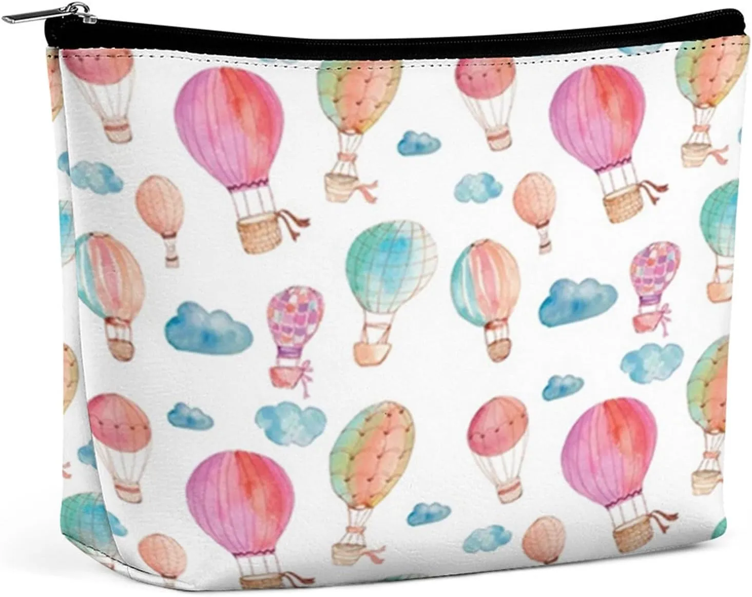 2024 Watercolor Print,Cosmetic Bags for Women,Hand Painted Style Hot Air Balloons,Makeup Bag for Purse PU Leather Pouch Travel Bag with Zipper for Travelling,Blue Pink