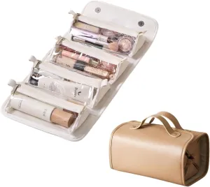 4 IN 1 Leather Waterproof Cosmetic Bag, Portable Waterproof Makeup Bag for Women, Foldable Large Capacity Travel Toiletry Bag with 4 Detachable Small Bag, Roll Up Cosmetic Case Organizer(Brown)