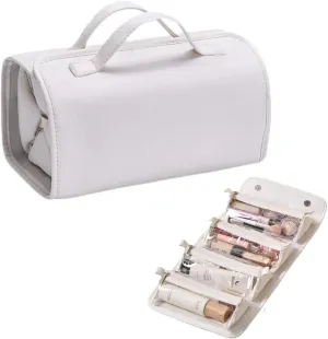 4 in 1 Leather Waterproof Cosmetic Bag, Portable Waterproof Makeup Bag for Women, Foldable Large Capacity Travel Toiletry Bag with 4 Detachable Small Bag, Roll Up Cosmetic Case Organizer(White)