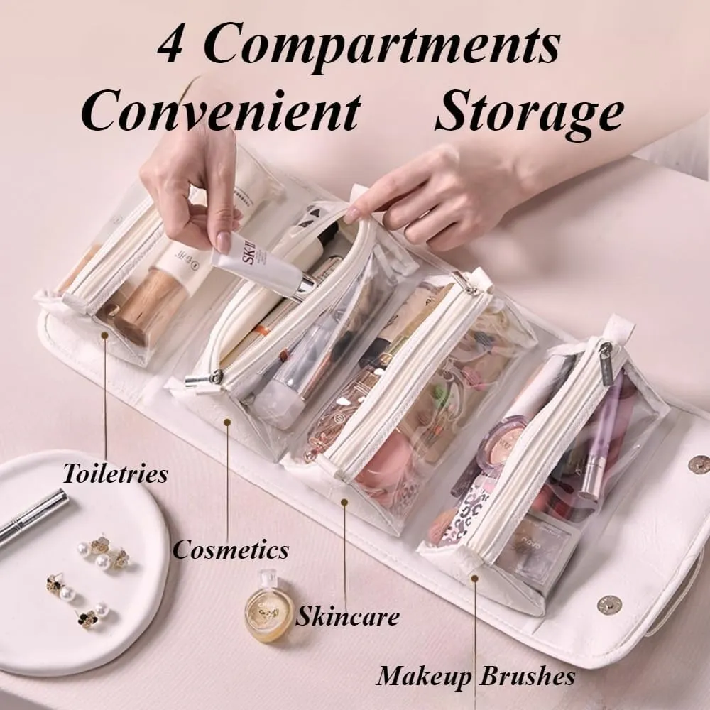 4 in 1 Leather Waterproof Cosmetic Bag, Portable Waterproof Makeup Bag for Women, Foldable Large Capacity Travel Toiletry Bag with 4 Detachable Small Bag, Roll Up Cosmetic Case Organizer(White)