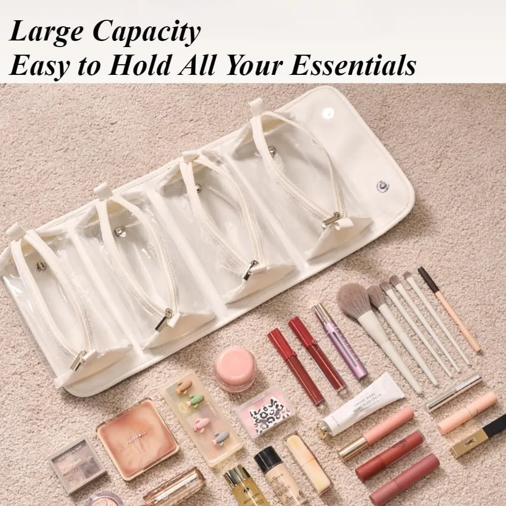 4 in 1 Leather Waterproof Cosmetic Bag, Portable Waterproof Makeup Bag for Women, Foldable Large Capacity Travel Toiletry Bag with 4 Detachable Small Bag, Roll Up Cosmetic Case Organizer(White)