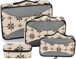 4 Pcs set travel organizer bags Mesh Travel Essentials Boho Flowers Beige expandable packing cubes