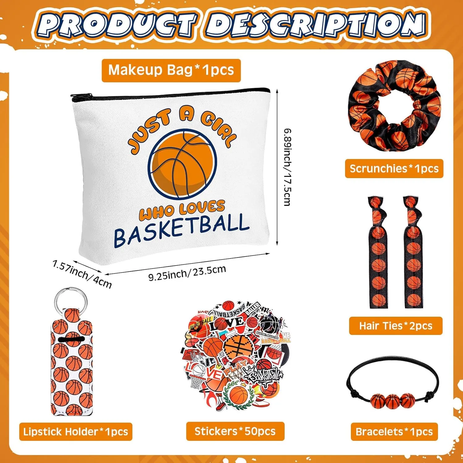56 Pcs Sport Inspirational Gifts for Women Cosmetic Bag Purse Accessories for Players Teams Stuff Birthday Gifts Sport Party Favors(Classic Basketball,Orange)
