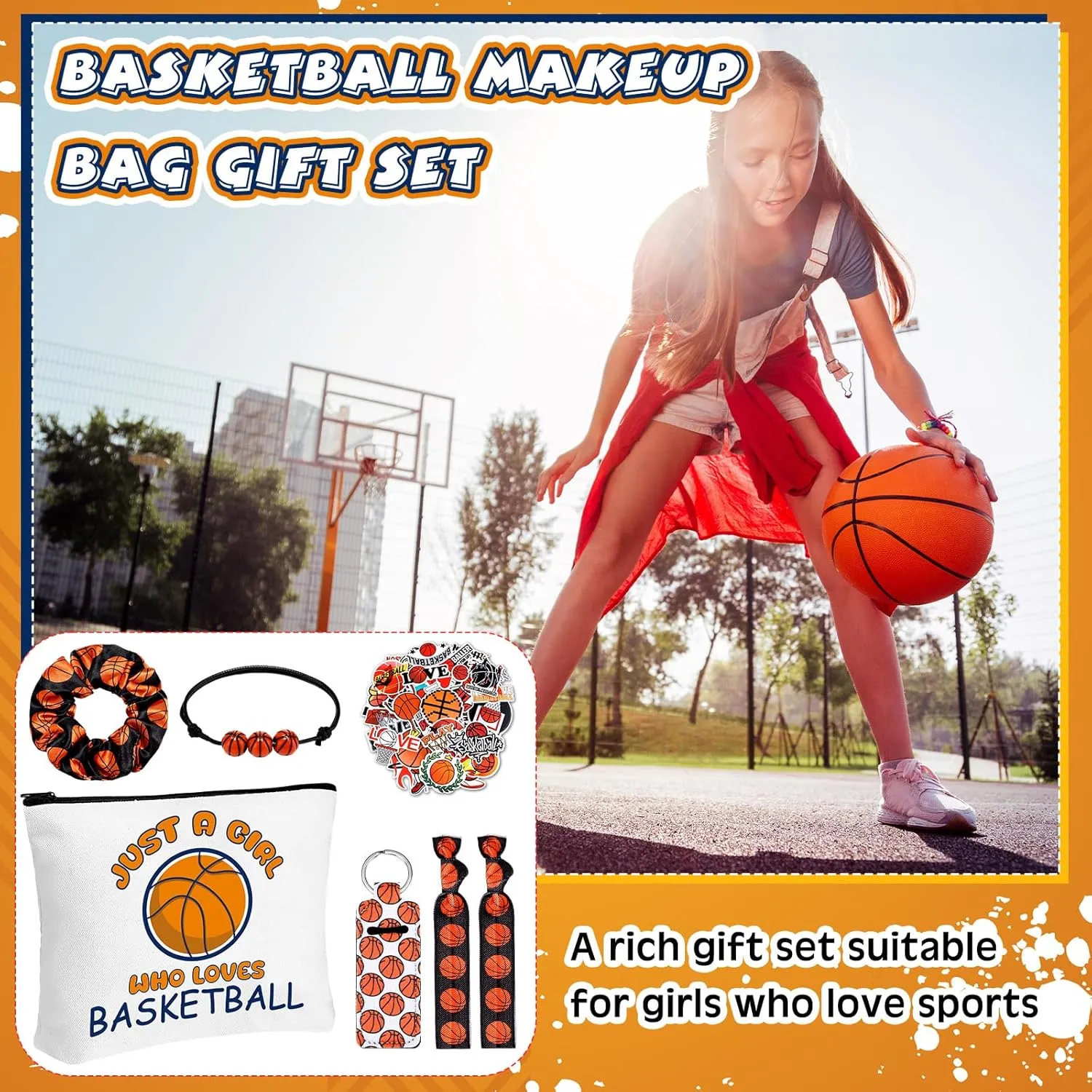 56 Pcs Sport Inspirational Gifts for Women Cosmetic Bag Purse Accessories for Players Teams Stuff Birthday Gifts Sport Party Favors(Classic Basketball,Orange)