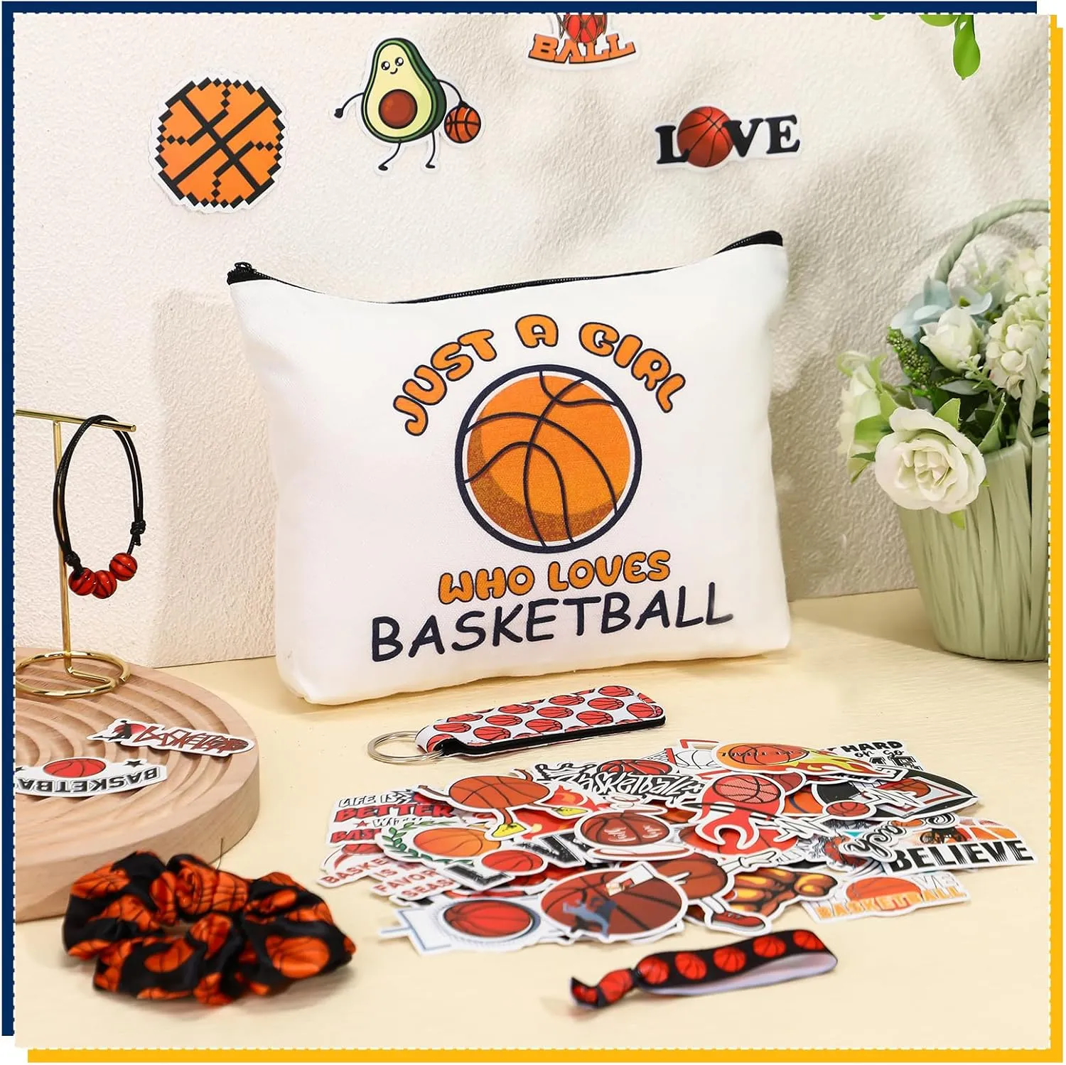 56 Pcs Sport Inspirational Gifts for Women Cosmetic Bag Purse Accessories for Players Teams Stuff Birthday Gifts Sport Party Favors(Classic Basketball,Orange)