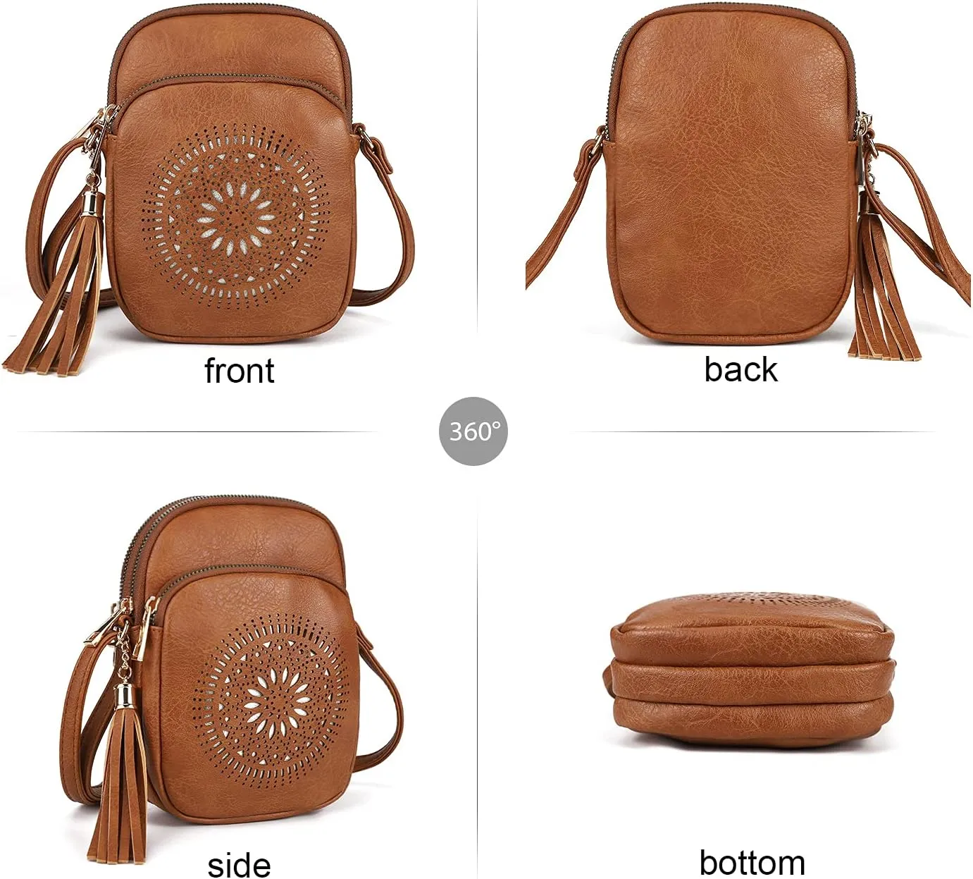 AFKOMST Small Crossbody Bag and Boho Cell Phone Purse for Women,Faux Leather Shoulder Handbag with Tassel,Triple Zip