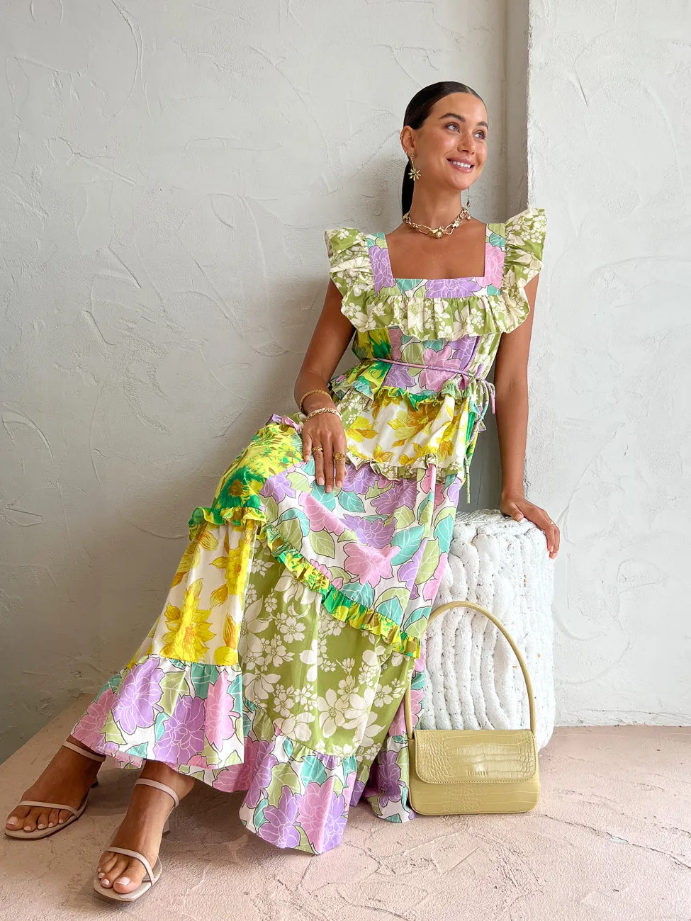 Alemais Elora Tiered Patchwork Midi Dress in Multi