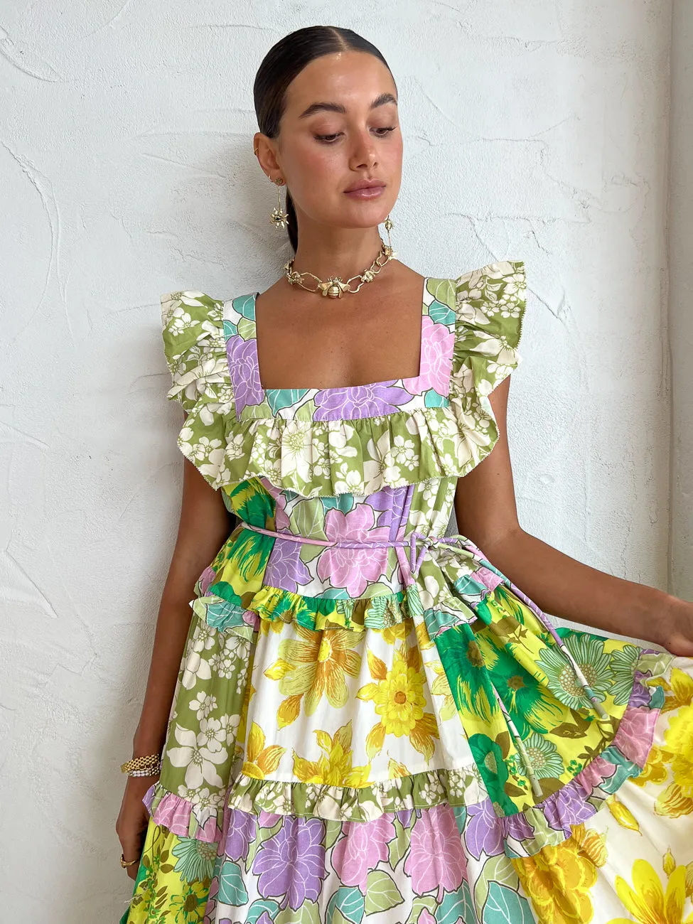 Alemais Elora Tiered Patchwork Midi Dress in Multi