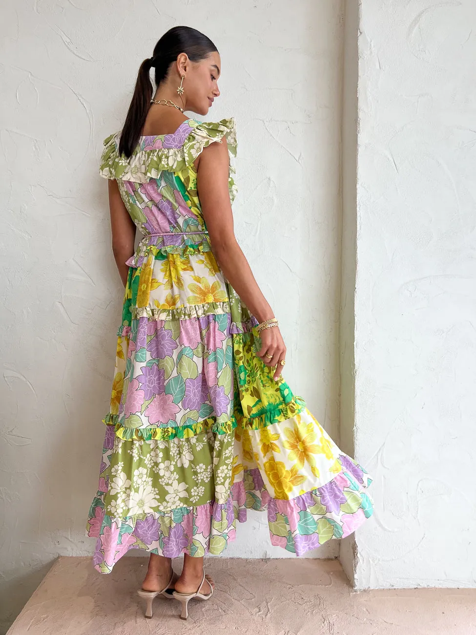 Alemais Elora Tiered Patchwork Midi Dress in Multi