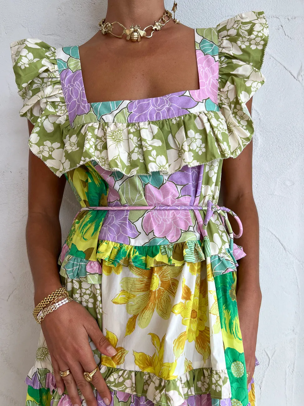 Alemais Elora Tiered Patchwork Midi Dress in Multi