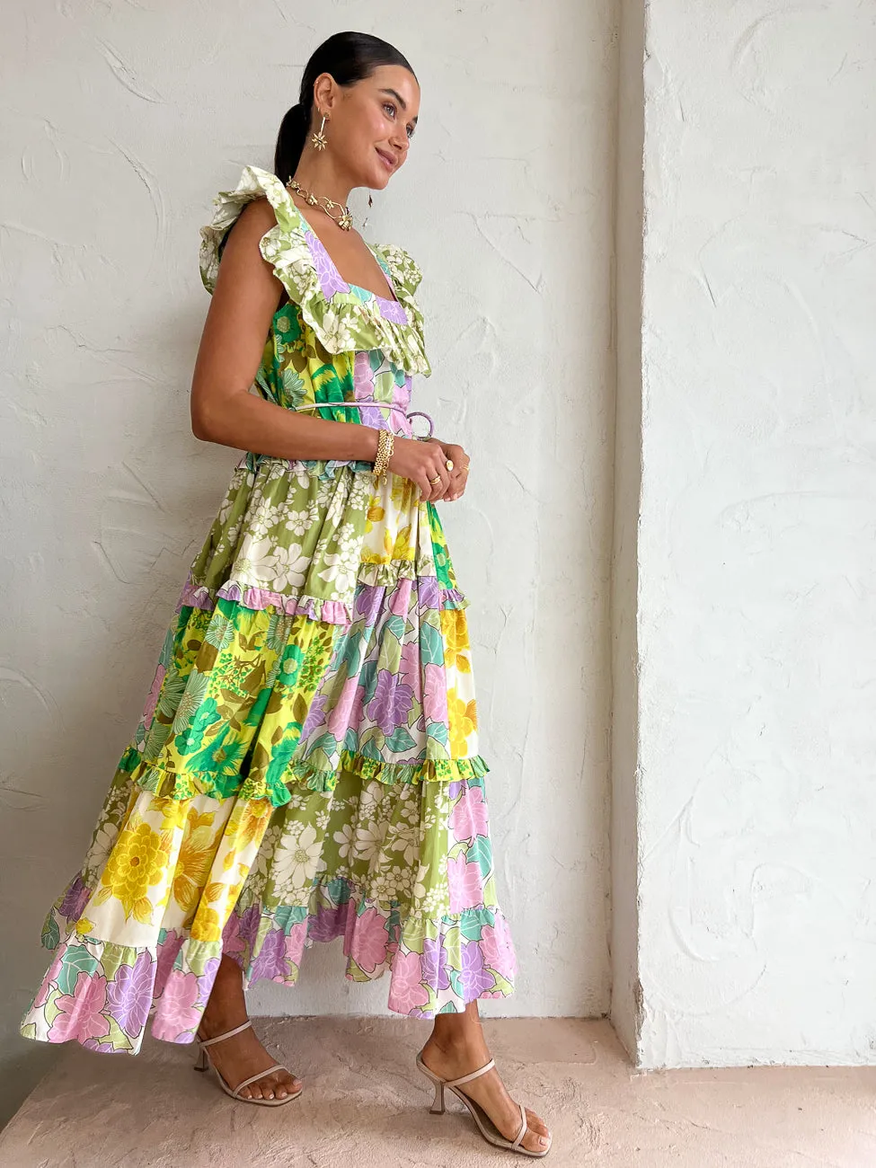 Alemais Elora Tiered Patchwork Midi Dress in Multi