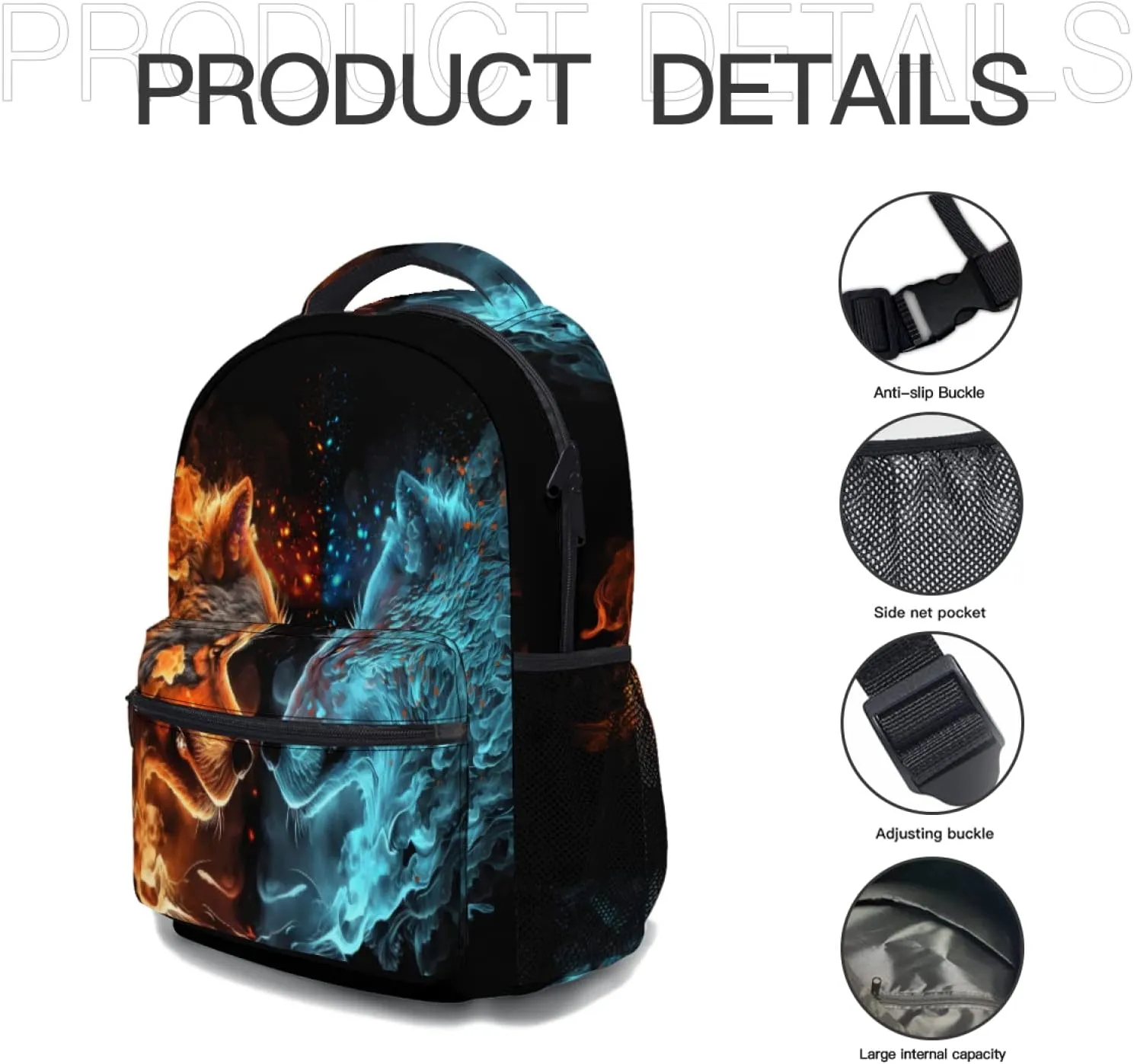 aportt Blue Red Fire Water Wolf Backpack for Boys Girls Durable Casual Basic Kids Bookbag Lightweight School Bag for Teens Students Travel Daypack