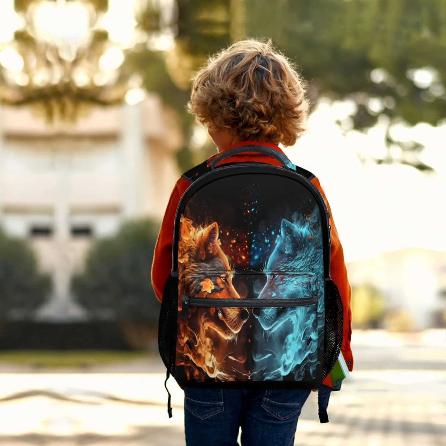aportt Blue Red Fire Water Wolf Backpack for Boys Girls Durable Casual Basic Kids Bookbag Lightweight School Bag for Teens Students Travel Daypack