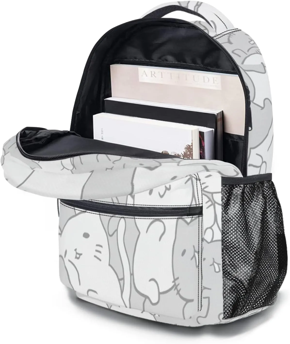 aportt Cute Cat Backpack for Boys Girls Kawaii Kitties Durable Casual Basic Kids Bookbag White Grey Lightweight School Bag for Teens Students Travel Daypack
