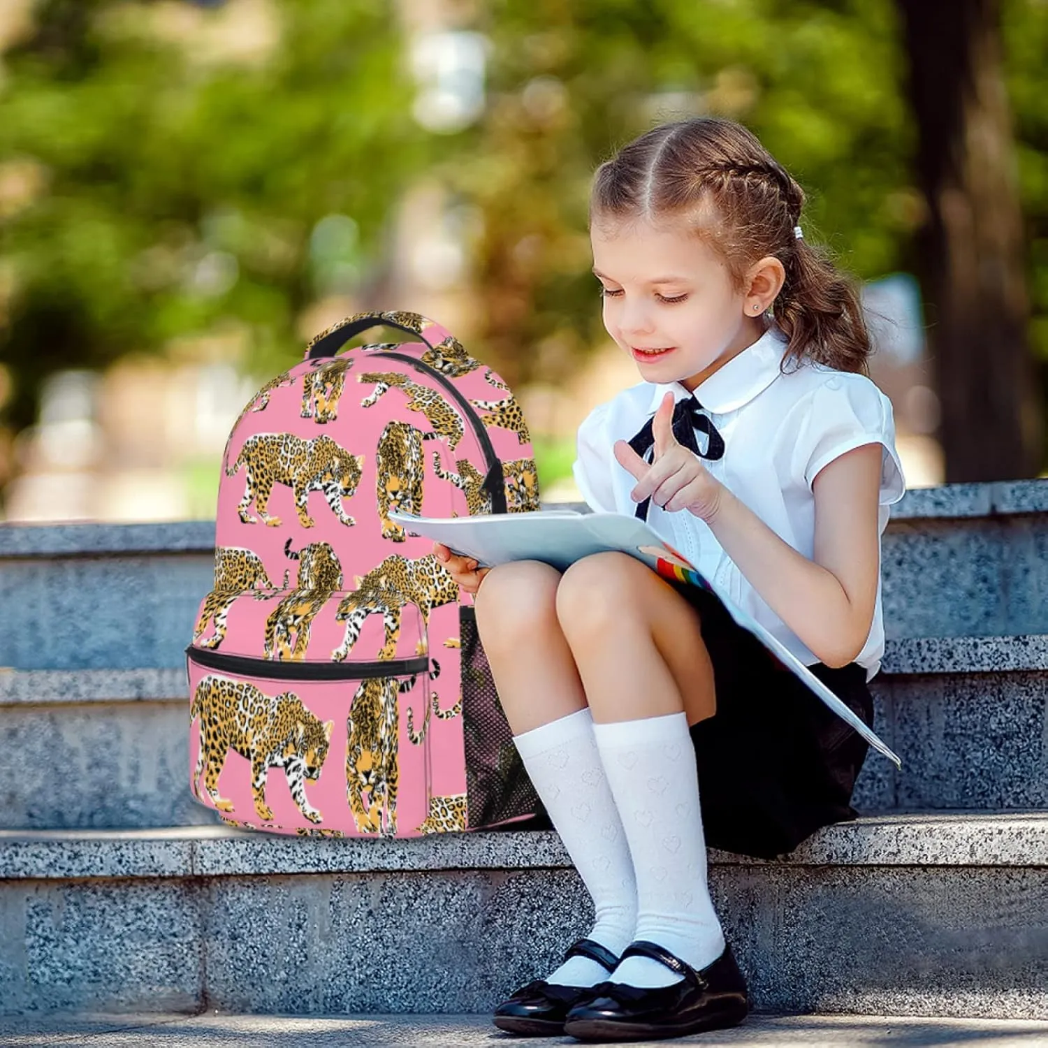 aportt Pink Cheetah Backpack for Boys Girls Preppy Leopard Tiger Durable Casual Basic Kids Bookbag Cute Animal Lightweight School Bag for Teens Students Travel Daypack