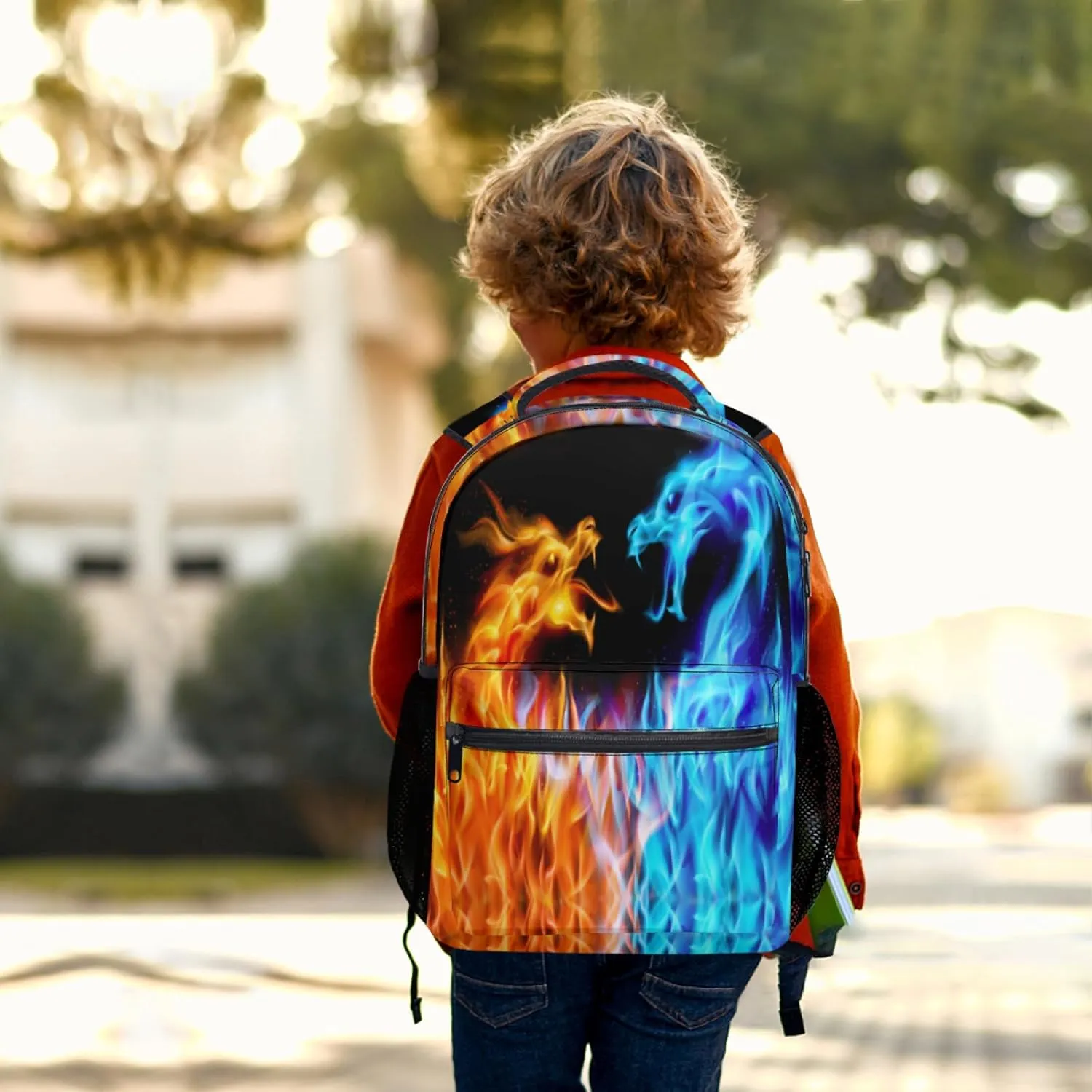 aportt Red Blue Fire Dragon Backpack for Boys Girls Orange Yellow Monster Animal Durable Casual Basic Kids Bookbag Rainbow Cool Lightweight School Bag for Teens Students Travel Daypack