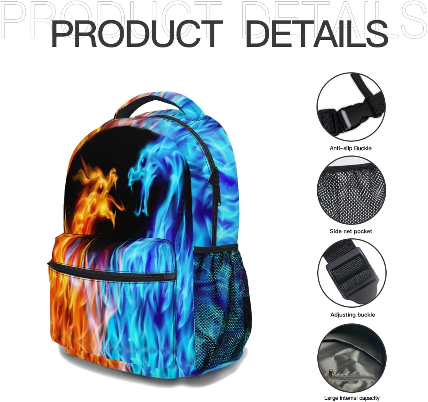 aportt Red Blue Fire Dragon Backpack for Boys Girls Orange Yellow Monster Animal Durable Casual Basic Kids Bookbag Rainbow Cool Lightweight School Bag for Teens Students Travel Daypack