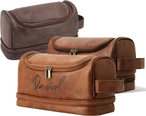 Artsadd Customized Toiletry Bag for Men,Makeup Bag for Travel Size Travel Essentials with Engraved Name Black PU Leather