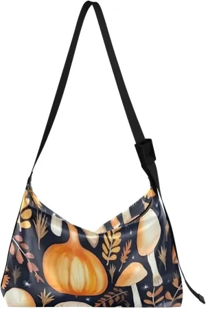 Autumn Pumpkins Mushrooms Leaves Tote Bag for Women Large Hobo Bags Leather Crossbody Bags Shoulder Slouchy Handbags with Adjustable Strap for Travel Women