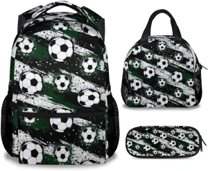 Backpack with Lunch Box for School, 17 Inch Soccer Bookbag Set for Elementary Middle, 3 in 1 Cool Kids Backpacks for Boys