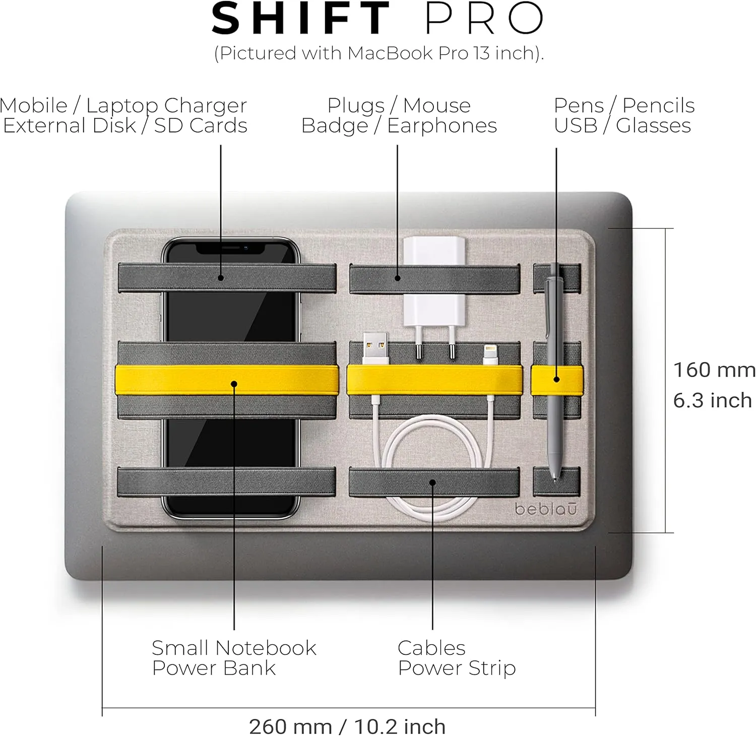 Beblau Shift PRO Adhesive Portable Tech Organizer for laptops, notebooks.. Backpack Insert | Computer Accessories, Office, Home & School, Working from Home Solution | Reusable | CHRISTMAS GIFT