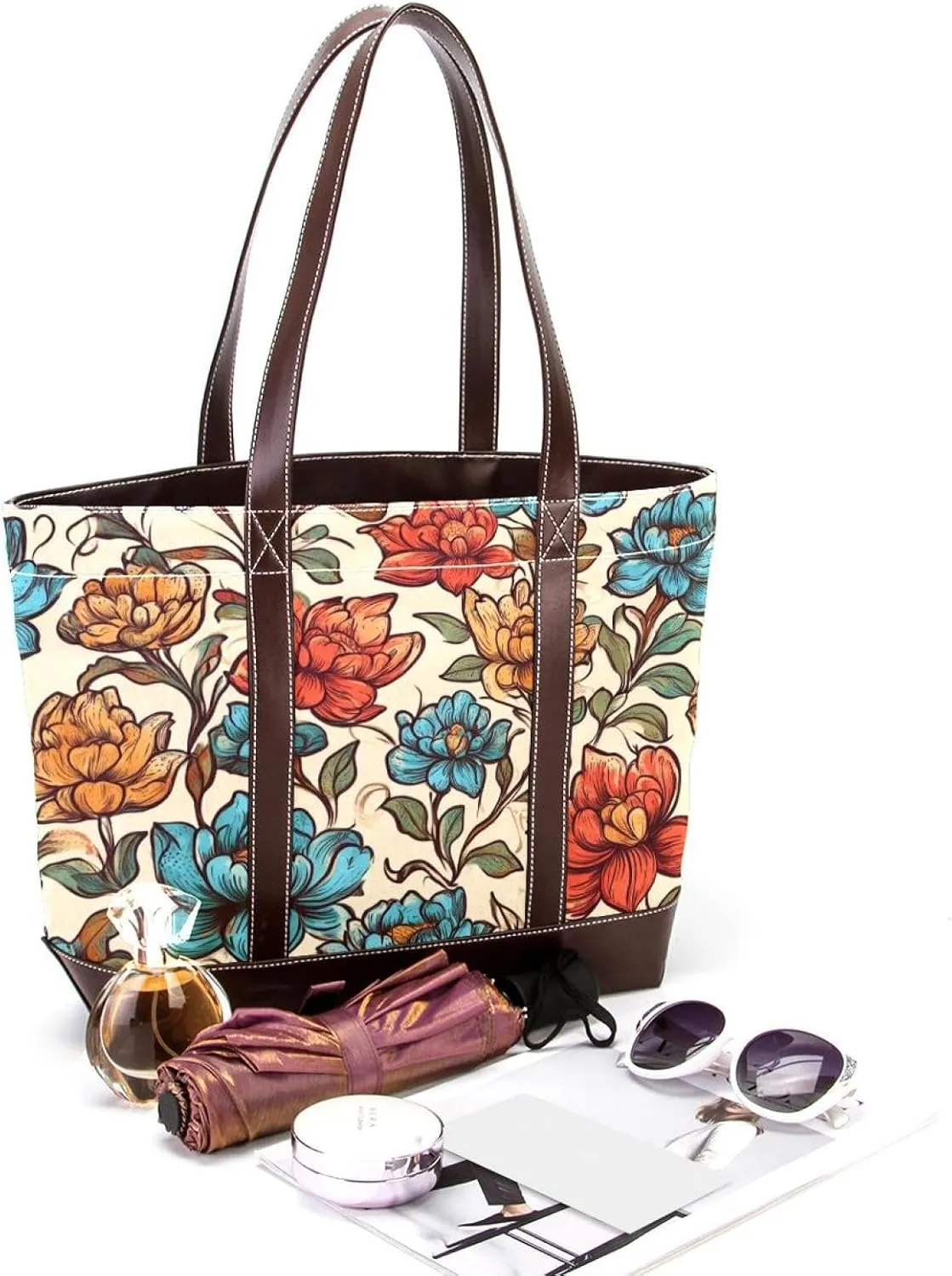 Boho Floral-34 Tote Bags Durable Leather Canvas Purses and Handbags for Women Top Handle Shoulder Satchel Hobo Bags