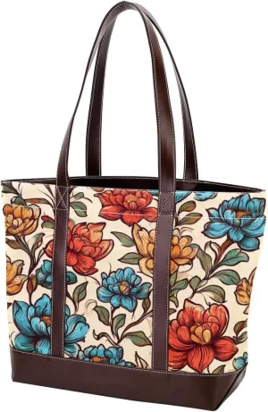 Boho Floral-34 Tote Bags Durable Leather Canvas Purses and Handbags for Women Top Handle Shoulder Satchel Hobo Bags