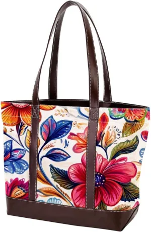 Boho Floral-34 Tote Bags Durable Leather Canvas Purses and Handbags for Women Top Handle Shoulder Satchel Hobo Bags