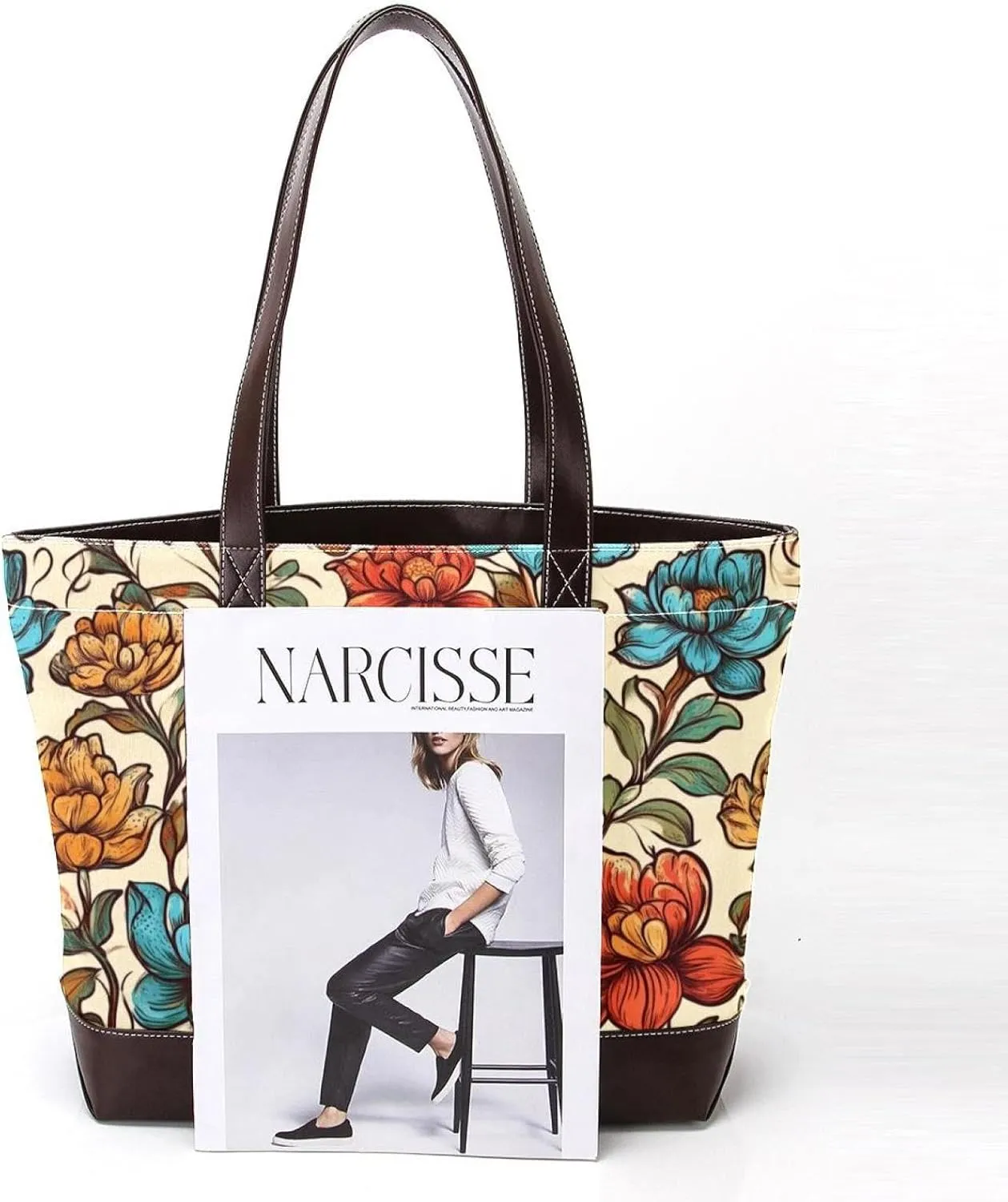 Boho Floral-34 Tote Bags Durable Leather Canvas Purses and Handbags for Women Top Handle Shoulder Satchel Hobo Bags