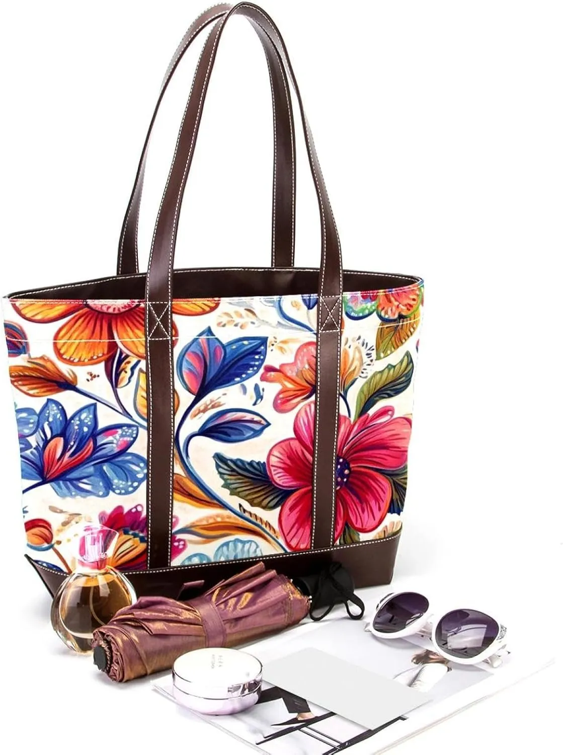 Boho Floral-34 Tote Bags Durable Leather Canvas Purses and Handbags for Women Top Handle Shoulder Satchel Hobo Bags