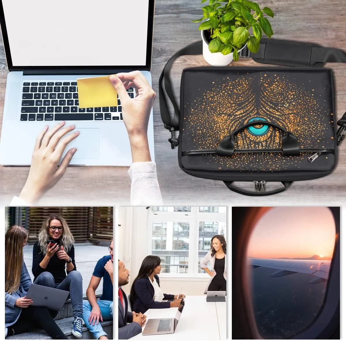 Boho Painted Bird Feathers Laptop Shoulder Messenger Bag Waterproof Laptop Briefcase with Handle and Padded Strap Case Sleeve