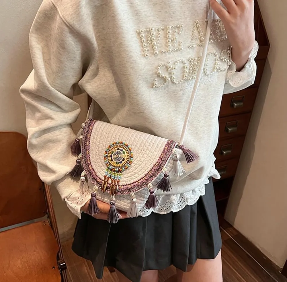 Boho Straw Woven Crossbody Bags for Women Knitted Clutch Purse Tassel Envelope Shoulder Handbag Satchels For Travel