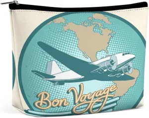 Bon Voyage,Cosmetic Bags for Women,Bon Voyage Abstract Retro Plane Poster,Makeup Bag for Purse PU Leather Makeup Pouch Travel Makeup Bag with Zipper Make Up Bag for Travelling,Blue, Blue_5