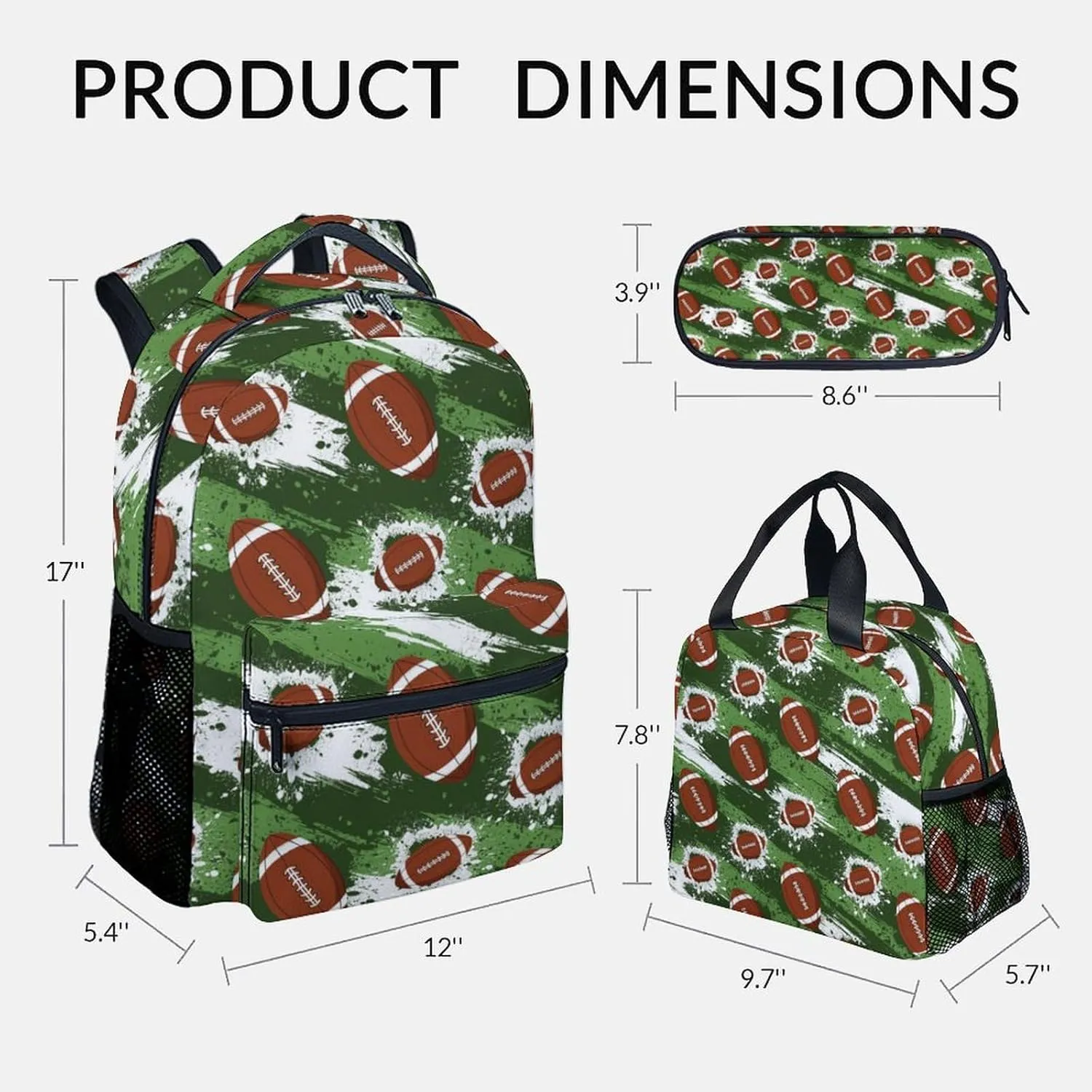 Bookbag for Boys, 17 Inch Football Backpacks with Lunch Box for Elementary, 3 in 1 Cool Kids Backpack Set for School Travel