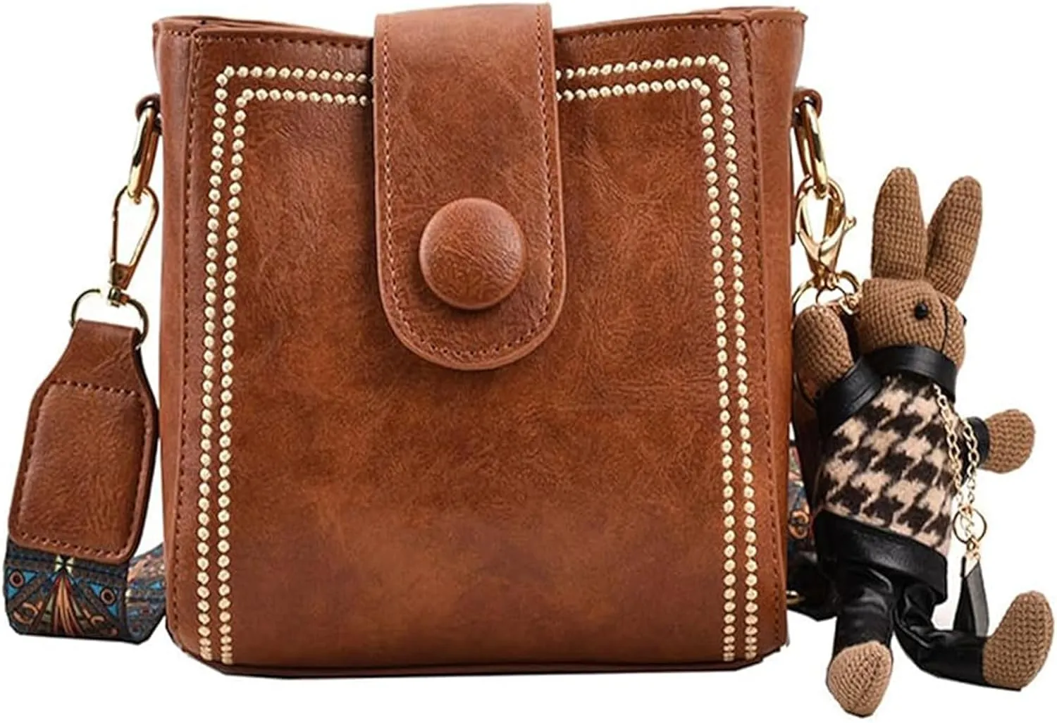 Bootara Bucket Bag, Women's Vintage Bucket Bag with Bunny Charm, Convertible Shoulder Crossbody Spacious Travel Tote
