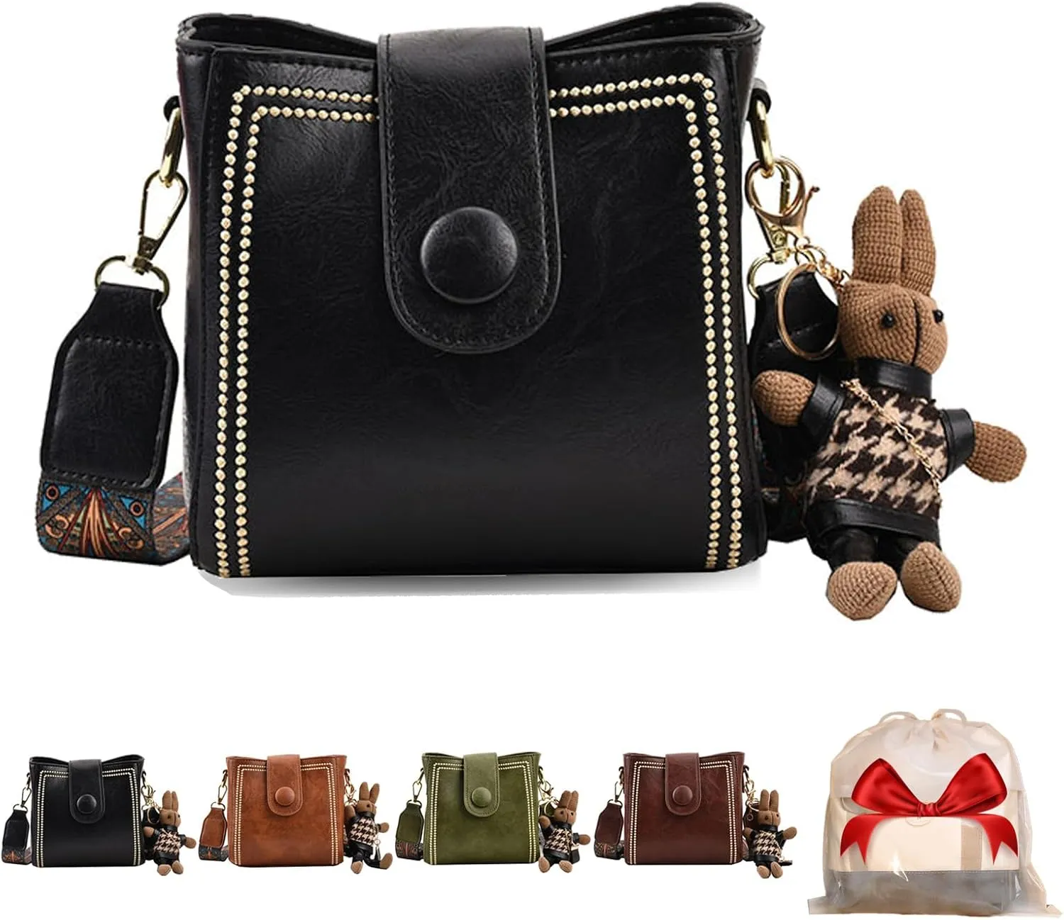 Bootara Women's Vintage Bunny Charm Bucket Bag  Convertible Shoulder/Crossbody, Spacious Travel Tote