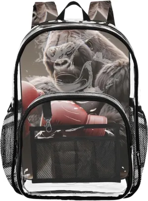 Boys Backpacks for Girls Boxing Gorilla Grey Travel Clear Bags for Women Approved Plastic Bag Large
