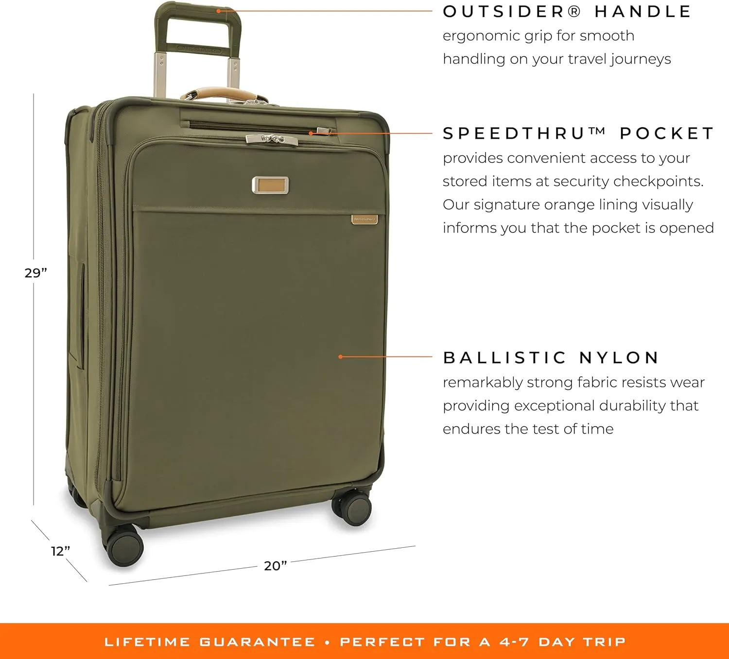Briggs & Riley 29" Large Expandable Spinner - Checked Luggage for Travel, Suitcases with Wheels, Softside Rolling Bag for Men & Women, Self-Repairing Zipper - Baseline Collection, Olive