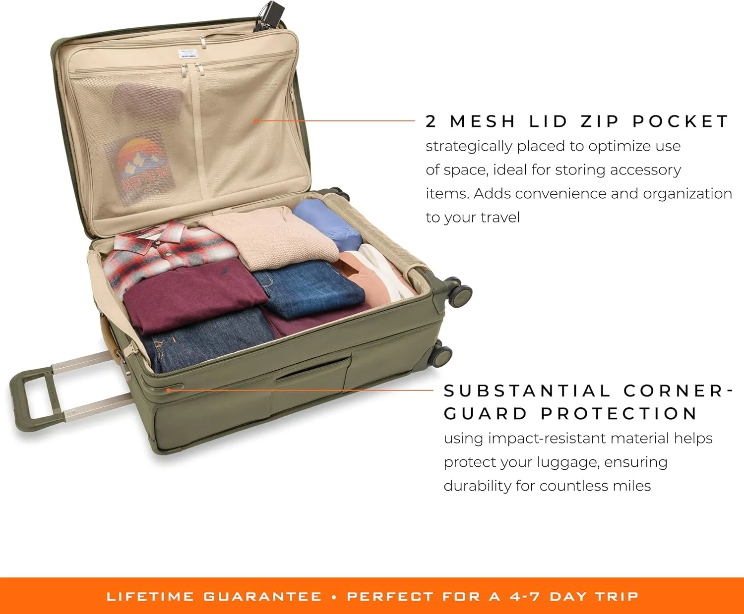 Briggs & Riley 29" Large Expandable Spinner - Checked Luggage for Travel, Suitcases with Wheels, Softside Rolling Bag for Men & Women, Self-Repairing Zipper - Baseline Collection, Olive