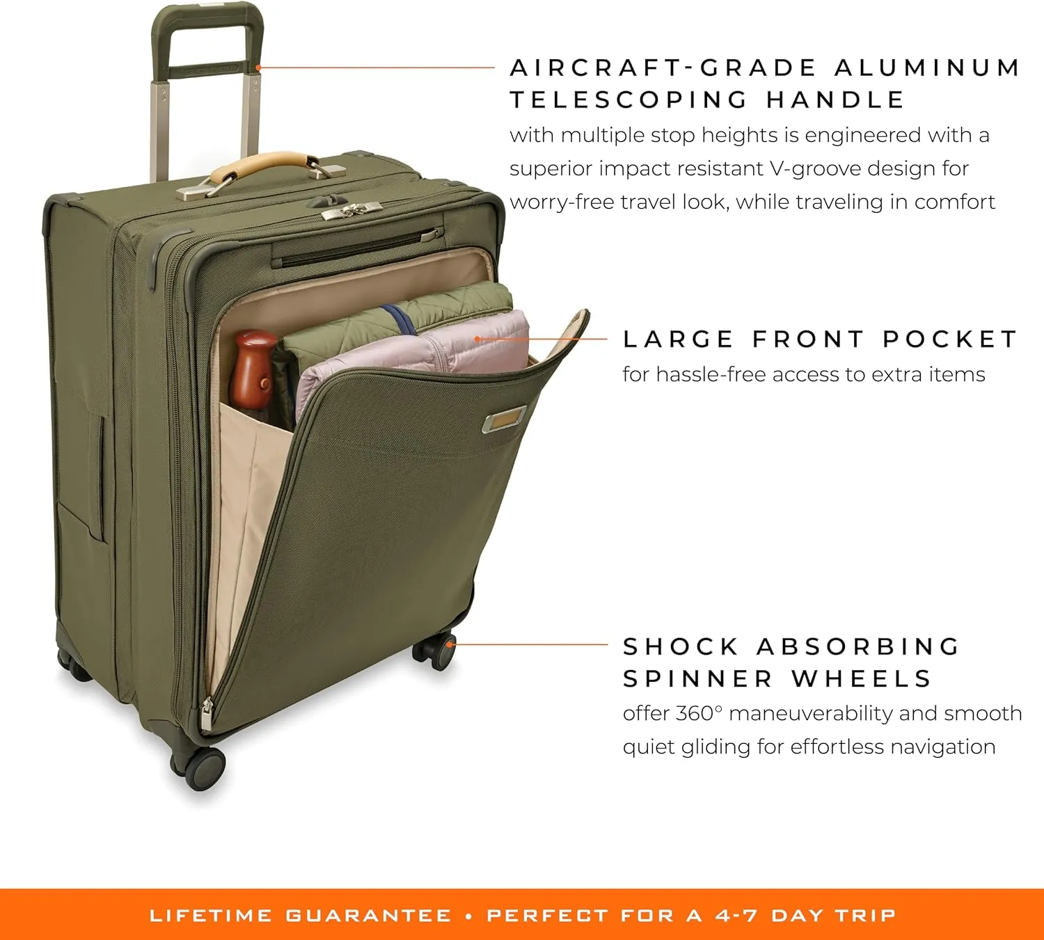 Briggs & Riley 29" Large Expandable Spinner - Checked Luggage for Travel, Suitcases with Wheels, Softside Rolling Bag for Men & Women, Self-Repairing Zipper - Baseline Collection, Olive
