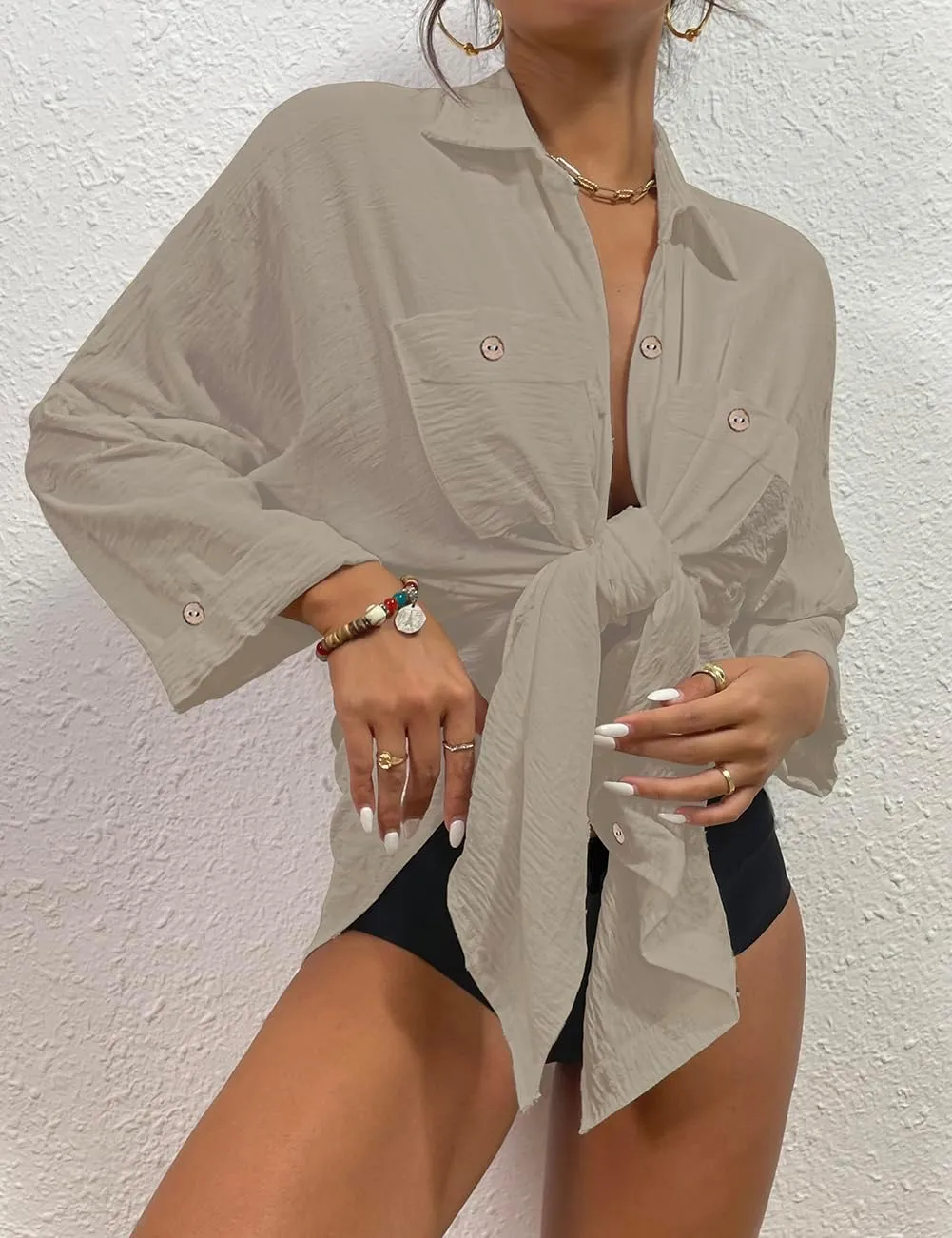 Bsubseach Womens Modern Swimsuit Cover Up Blouse Button Down Shirt Dresses Tops
