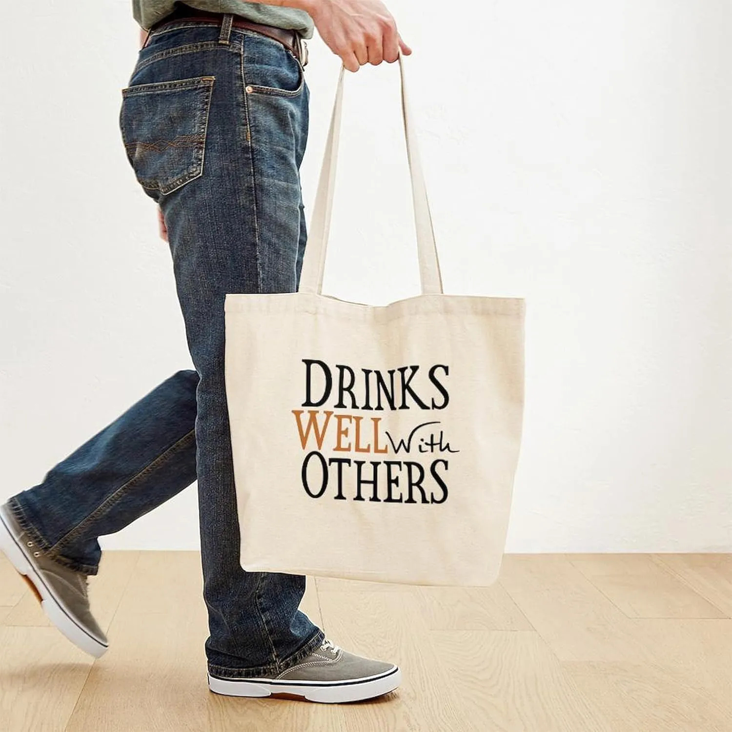 CafePress Drinks Well With Others Tote Bag Natural Canvas Tote Bag, Reusable Shopping Bag