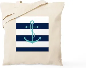 CafePress Teal Anchor On Navy Blue Stripes Tote Bag Natural Canvas Tote Bag, Reusable Shopping Bag