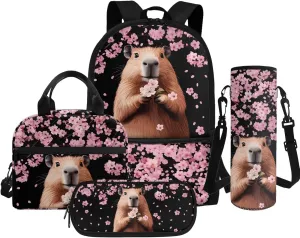 Capybara Backpacks with Lunch Box for Girls Cherry Blossom Backpack for Preschool Girl Cute Schoolbag Bag Pack Back to School Daycare Rucksack Satchel